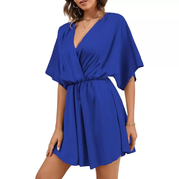 LYANER Women's Satin V Neck Twist Ruffle Flowy Swing Short Sleeve Elegant Mini Dress