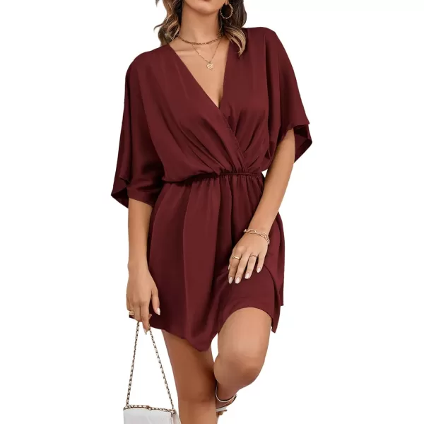 LYANER Women's Satin V Neck Twist Ruffle Flowy Swing Short Sleeve Elegant Mini Dress