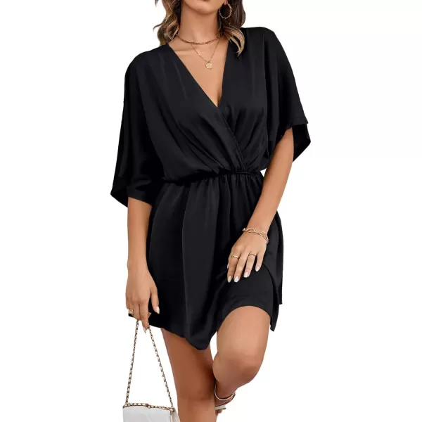 LYANER Women's Satin V Neck Twist Ruffle Flowy Swing Short Sleeve Elegant Mini Dress