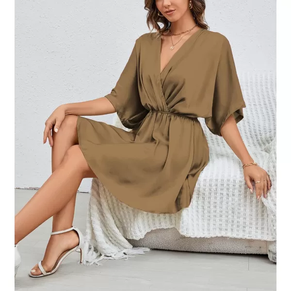 LYANER Women's Satin V Neck Twist Ruffle Flowy Swing Short Sleeve Elegant Mini Dress