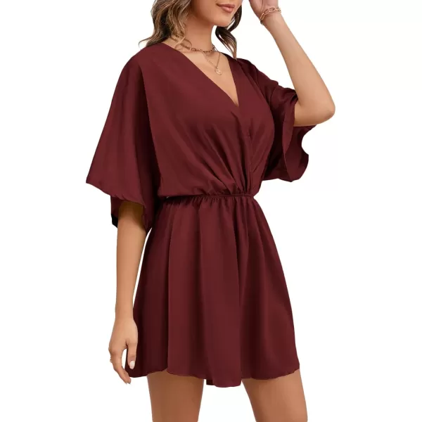 LYANER Women's Satin V Neck Twist Ruffle Flowy Swing Short Sleeve Elegant Mini Dress
