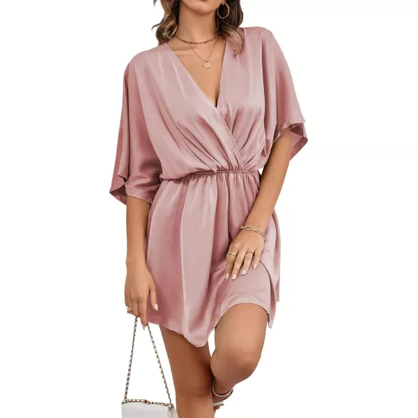 LYANER Women's Satin V Neck Twist Ruffle Flowy Swing Short Sleeve Elegant Mini Dress