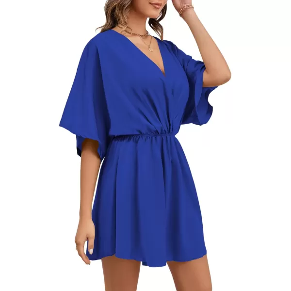 LYANER Women's Satin V Neck Twist Ruffle Flowy Swing Short Sleeve Elegant Mini Dress