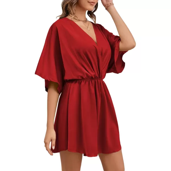 LYANER Women's Satin V Neck Twist Ruffle Flowy Swing Short Sleeve Elegant Mini Dress