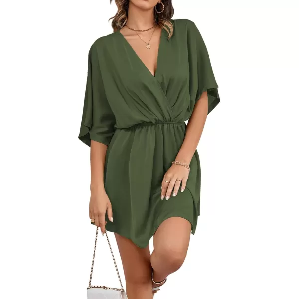 LYANER Women's Satin V Neck Twist Ruffle Flowy Swing Short Sleeve Elegant Mini Dress