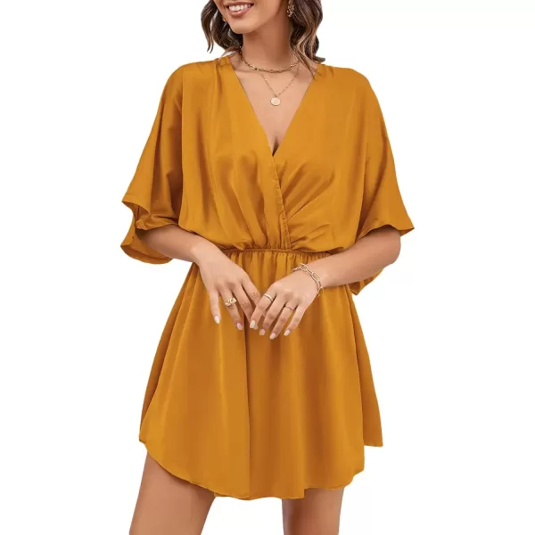 LYANER Women's Satin V Neck Twist Ruffle Flowy Swing Short Sleeve Elegant Mini Dress