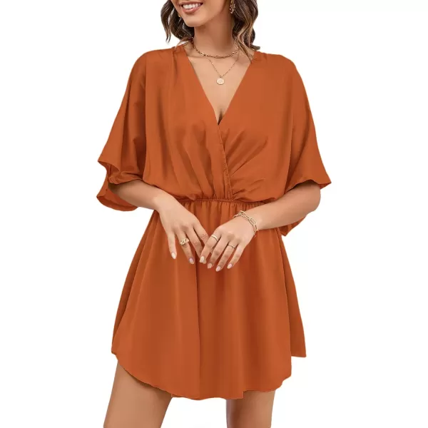 LYANER Women's Satin V Neck Twist Ruffle Flowy Swing Short Sleeve Elegant Mini Dress