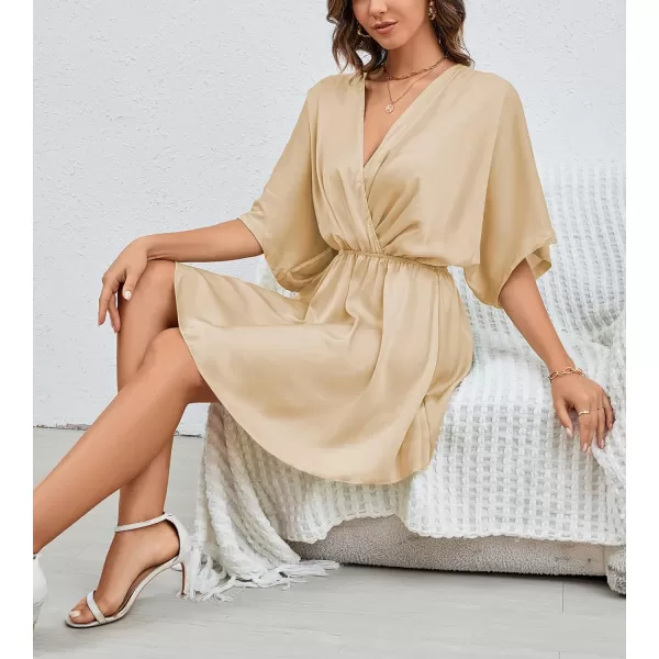 LYANER Women's Satin V Neck Twist Ruffle Flowy Swing Short Sleeve Elegant Mini Dress