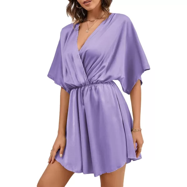 LYANER Women's Satin V Neck Twist Ruffle Flowy Swing Short Sleeve Elegant Mini Dress