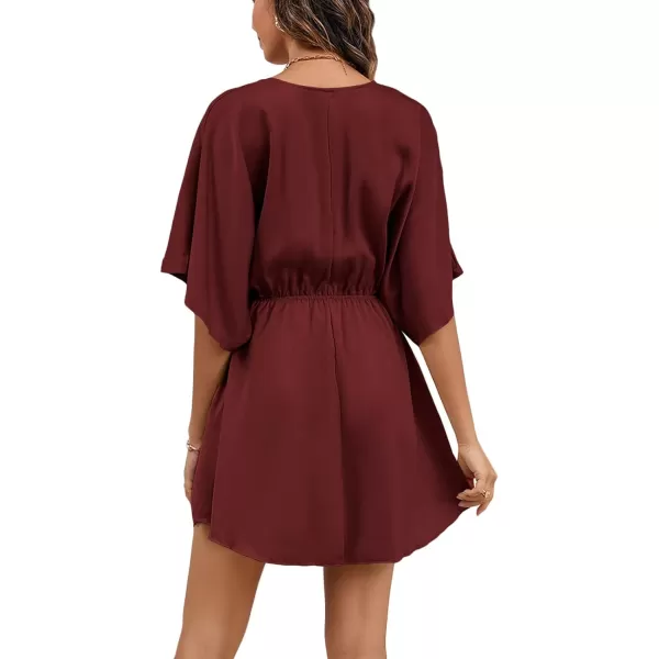 LYANER Women's Satin V Neck Twist Ruffle Flowy Swing Short Sleeve Elegant Mini Dress