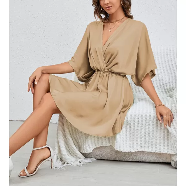 LYANER Women's Satin V Neck Twist Ruffle Flowy Swing Short Sleeve Elegant Mini Dress
