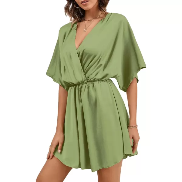 LYANER Women's Satin V Neck Twist Ruffle Flowy Swing Short Sleeve Elegant Mini Dress