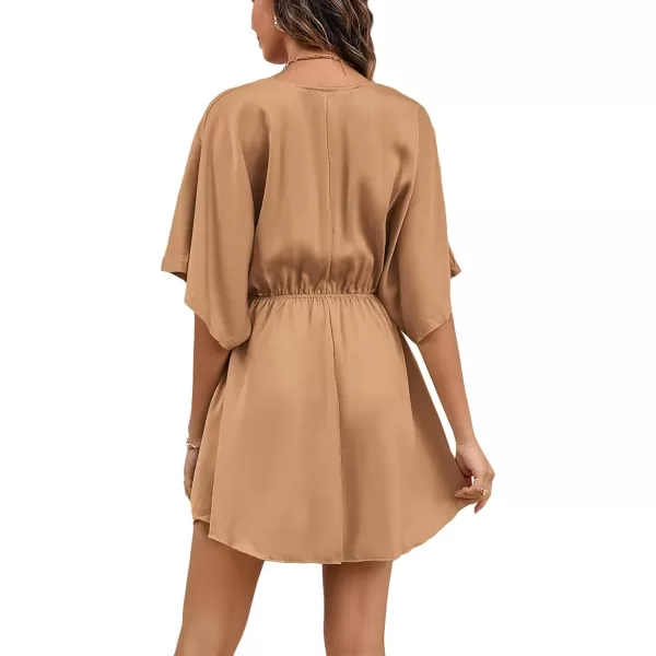 LYANER Women's Satin V Neck Twist Ruffle Flowy Swing Short Sleeve Elegant Mini Dress