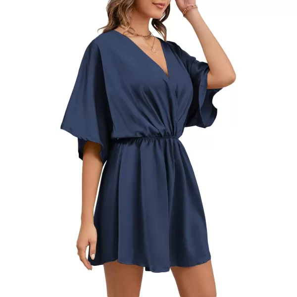 LYANER Women's Satin V Neck Twist Ruffle Flowy Swing Short Sleeve Elegant Mini Dress