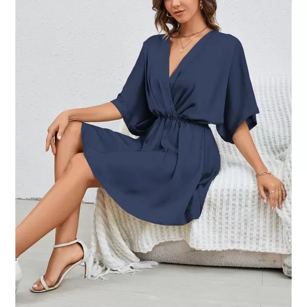 LYANER Women's Satin V Neck Twist Ruffle Flowy Swing Short Sleeve Elegant Mini Dress