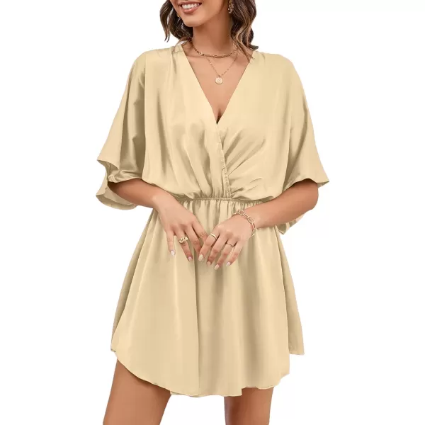 LYANER Women's Satin V Neck Twist Ruffle Flowy Swing Short Sleeve Elegant Mini Dress