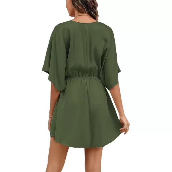 LYANER Women's Satin V Neck Twist Ruffle Flowy Swing Short Sleeve Elegant Mini Dress