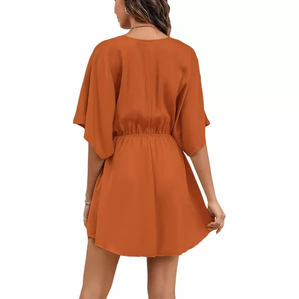 LYANER Women's Satin V Neck Twist Ruffle Flowy Swing Short Sleeve Elegant Mini Dress