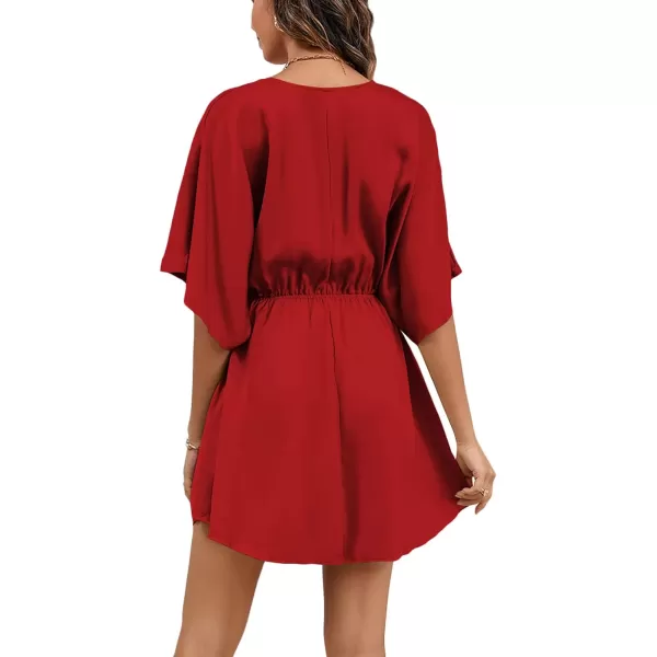 LYANER Women's Satin V Neck Twist Ruffle Flowy Swing Short Sleeve Elegant Mini Dress