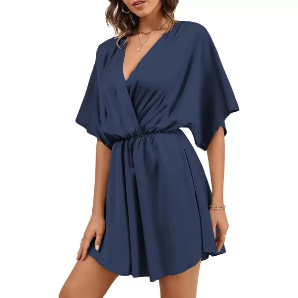 LYANER Women's Satin V Neck Twist Ruffle Flowy Swing Short Sleeve Elegant Mini Dress