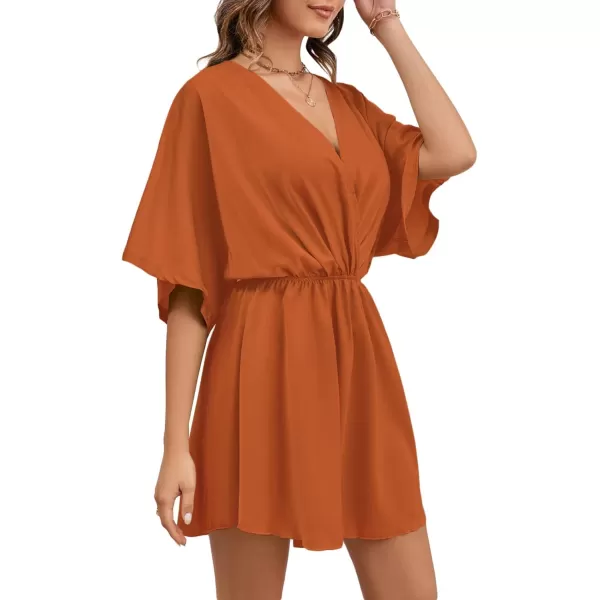 LYANER Women's Satin V Neck Twist Ruffle Flowy Swing Short Sleeve Elegant Mini Dress