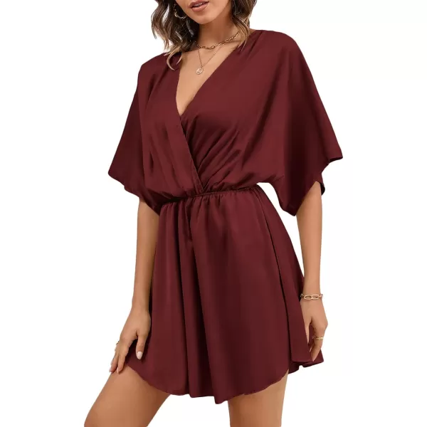LYANER Women's Satin V Neck Twist Ruffle Flowy Swing Short Sleeve Elegant Mini Dress