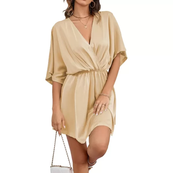 LYANER Women's Satin V Neck Twist Ruffle Flowy Swing Short Sleeve Elegant Mini Dress