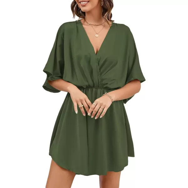 LYANER Women's Satin V Neck Twist Ruffle Flowy Swing Short Sleeve Elegant Mini Dress