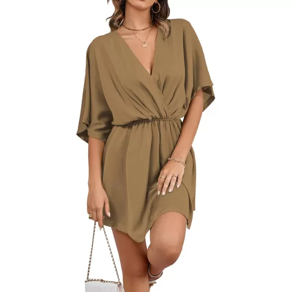 LYANER Women's Satin V Neck Twist Ruffle Flowy Swing Short Sleeve Elegant Mini Dress