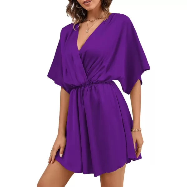 LYANER Women's Satin V Neck Twist Ruffle Flowy Swing Short Sleeve Elegant Mini Dress