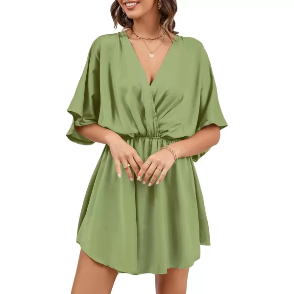 LYANER Women's Satin V Neck Twist Ruffle Flowy Swing Short Sleeve Elegant Mini Dress