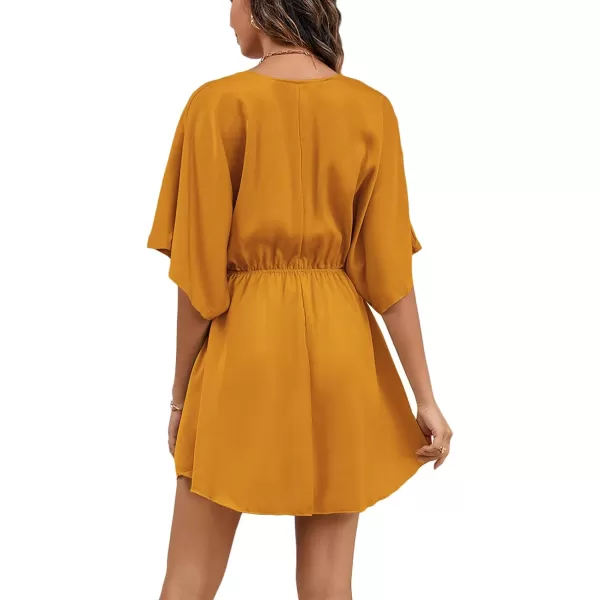 LYANER Women's Satin V Neck Twist Ruffle Flowy Swing Short Sleeve Elegant Mini Dress