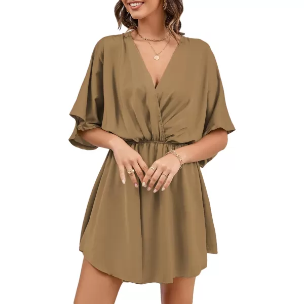 LYANER Women's Satin V Neck Twist Ruffle Flowy Swing Short Sleeve Elegant Mini Dress