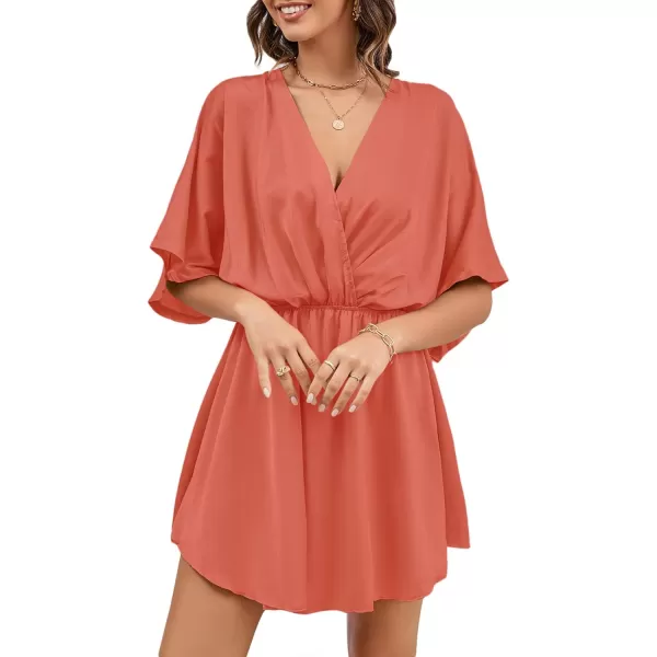 LYANER Women's Satin V Neck Twist Ruffle Flowy Swing Short Sleeve Elegant Mini Dress