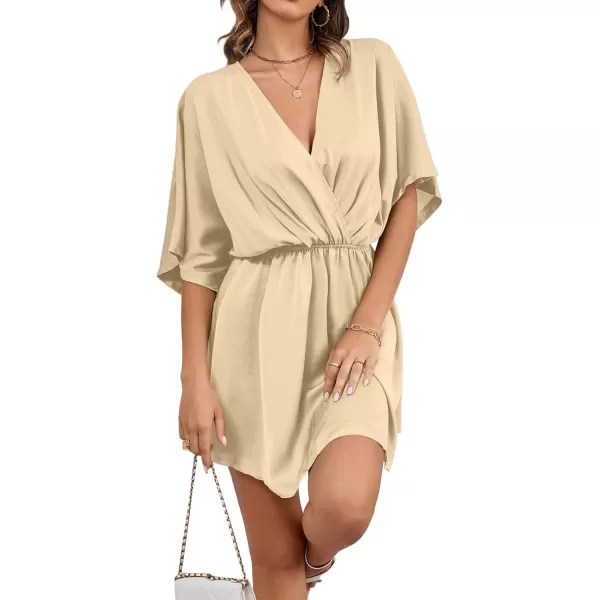 LYANER Women's Satin V Neck Twist Ruffle Flowy Swing Short Sleeve Elegant Mini Dress