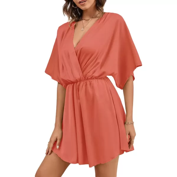 LYANER Women's Satin V Neck Twist Ruffle Flowy Swing Short Sleeve Elegant Mini Dress