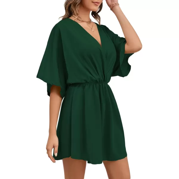 LYANER Women's Satin V Neck Twist Ruffle Flowy Swing Short Sleeve Elegant Mini Dress