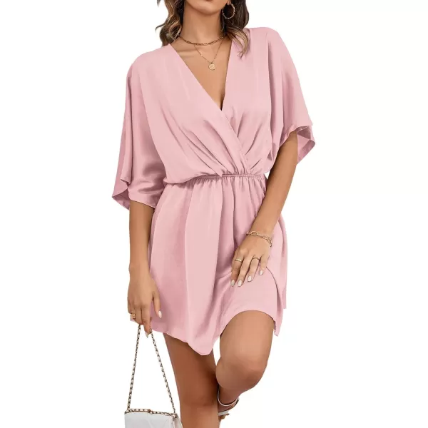 LYANER Women's Satin V Neck Twist Ruffle Flowy Swing Short Sleeve Elegant Mini Dress