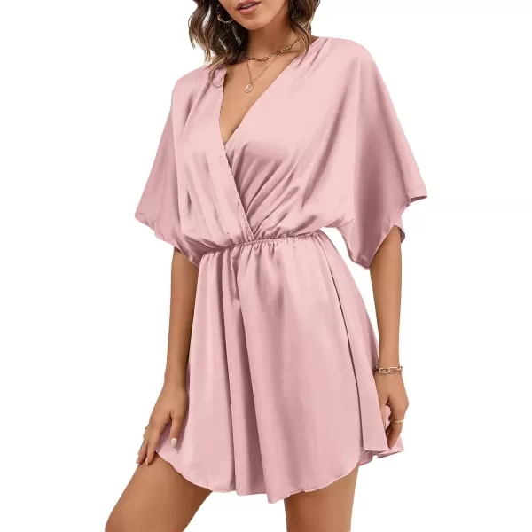 LYANER Women's Satin V Neck Twist Ruffle Flowy Swing Short Sleeve Elegant Mini Dress
