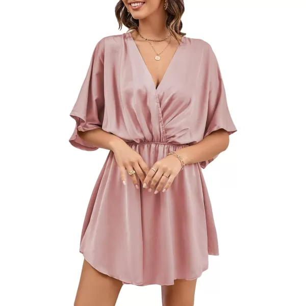 LYANER Women's Satin V Neck Twist Ruffle Flowy Swing Short Sleeve Elegant Mini Dress