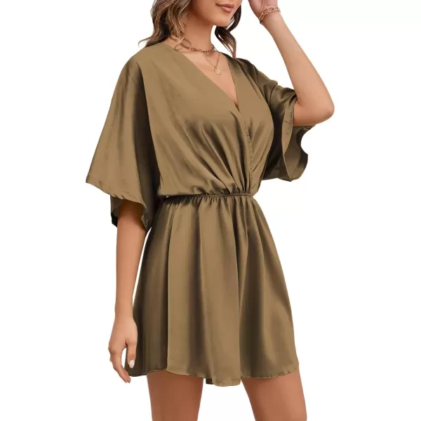 LYANER Women's Satin V Neck Twist Ruffle Flowy Swing Short Sleeve Elegant Mini Dress