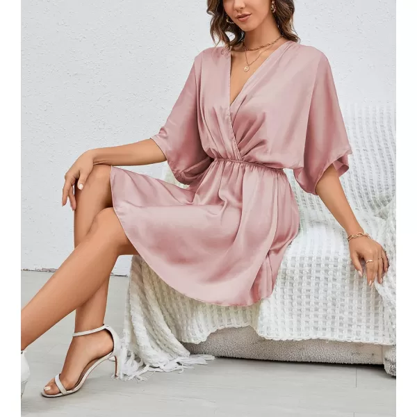 LYANER Women's Satin V Neck Twist Ruffle Flowy Swing Short Sleeve Elegant Mini Dress