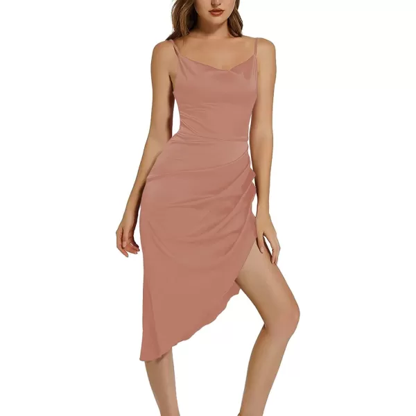 LYANER Women's Satin Wrap Ruched Bodycon Spaghetti Strap Club Party Midi Dress