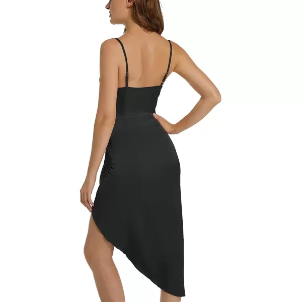 LYANER Women's Satin Wrap Ruched Bodycon Spaghetti Strap Club Party Midi Dress