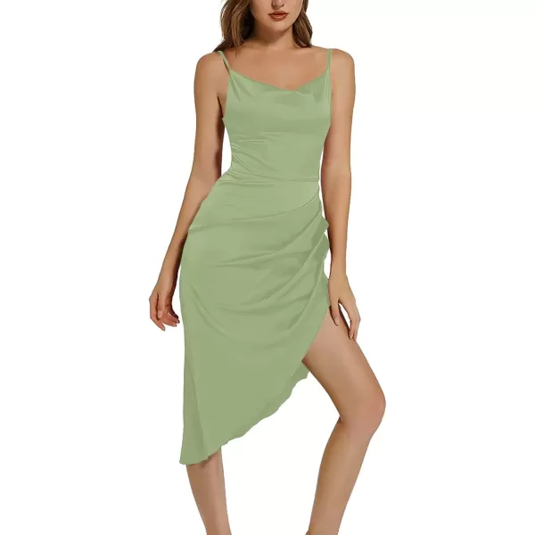 LYANER Women's Satin Wrap Ruched Bodycon Spaghetti Strap Club Party Midi Dress