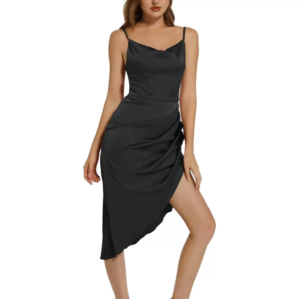 LYANER Women's Satin Wrap Ruched Bodycon Spaghetti Strap Club Party Midi Dress