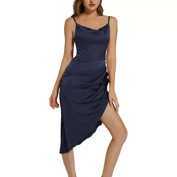LYANER Women's Satin Wrap Ruched Bodycon Spaghetti Strap Club Party Midi Dress