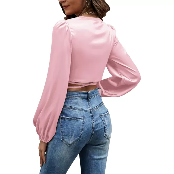 LYANER Women's Satin Wrap V Neck Criss Cross Tie Long Sleeve Crop Blouse Top