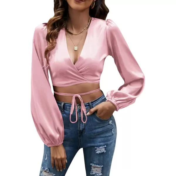 LYANER Women's Satin Wrap V Neck Criss Cross Tie Long Sleeve Crop Blouse Top