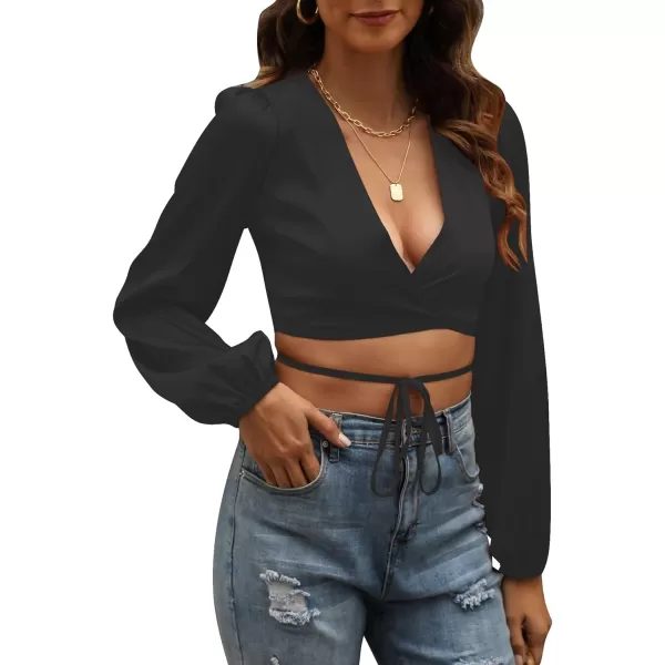 LYANER Women's Satin Wrap V Neck Criss Cross Tie Long Sleeve Crop Blouse Top
